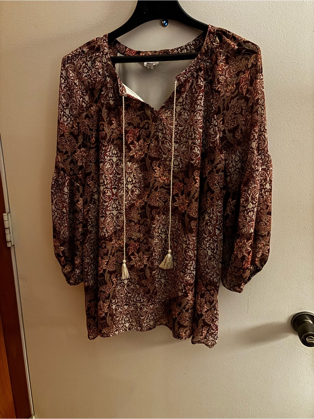 Dress Barn Boho Paisley Tie-Neck Peasant Blouse - Brown